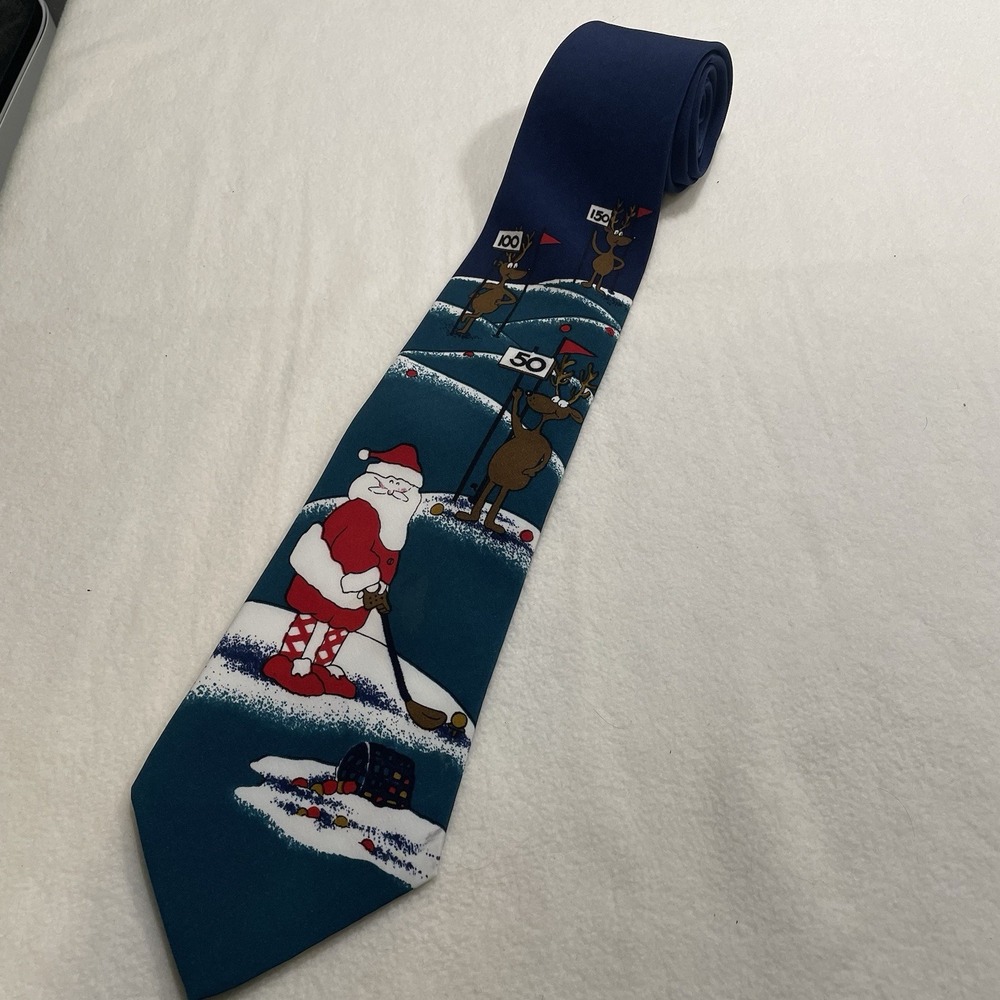 Vtg Hallmark Yule Greetings Christmas Tie Green Blue Red Golfing Santa